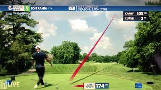 Jon Rahm’s drive goes way right...