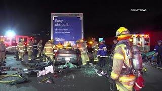 Driver Trapped After Slamming Into Big Rig Stopped In Traffic | Santa Ana, CA