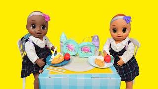 Baby Alive baby doll twins Packing lunchbox and backpack baby doll morning routine