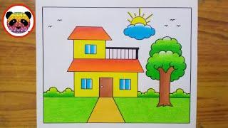 House Scenery Drawing / House Drawing Easy Step By Step / House Drawing For Beginners / House Draw