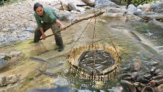 weaving baskets, catching stream fish, hunting wild chickens, building a farm life, survival farm