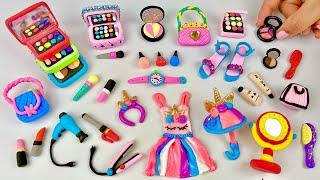 DIY How to Make Polymer Clay Miniature Makeup Set with Unicorn Dress, Eyeshadow, Lipstick | Dolliyon