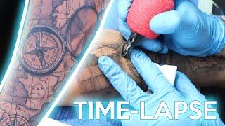 HOW TO TATTOO a Realistic compass map tattoo time-lapse