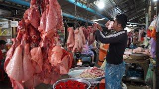 Cambodian Vegetable Market Scene - Daily Lifestyle Of Vendors In Market, Cutting Pork Selling