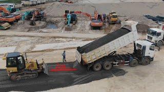 New Road Building Technology Strong Bulldozer pushing pebbles ,