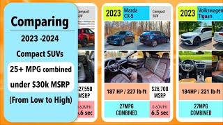 Comparison: 2023 - 2024  Compact SUVs, under $30k MSRP, 25+ MPG, worst to best