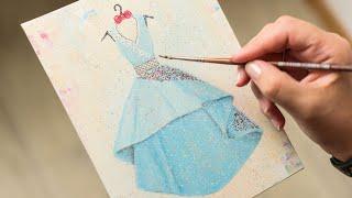 Beautiful Blue Dress Sketch with Flowers - Acrylic painting / Homemade Illustration