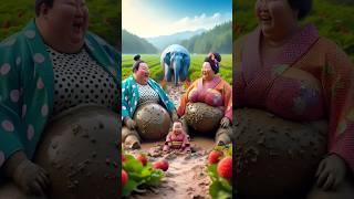 Evolution of cat: Sumo wrestler & woman sit on muddy road with blue elephant #cat#cute#love#shorts
