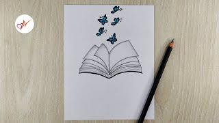 How to draw realistic open book with butterflies | Pencil sketch drawing for beginners