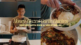 HONEY-GLAZED GARLIC CHICKEN (SERVED WITH RICE & VEGETABLES)