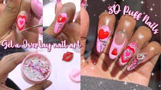 Long Almond Gel-x Overlay  Trying 3D Puff Heart Nail Trend! + Easy Nail Art