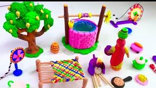 Diy polymer clay ideas house, charpay, Chula, kitchen set, well, miniature #viralvideo