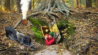 Building a Secret Shelter Deep Inside Big Tree. A Warm and Cozy Bushcraft Dugout