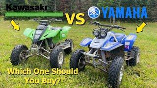 Budget Quad Battle! Kawasaki KFX 400 VS. Yamaha Warrior 350. Full comparison and riding.