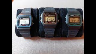Casio F-91W classic color variations - Blue, Green, and Gold