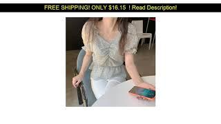 Korea chic women blouse floral printed shirt v-neck pleated folds slim waist ruffled flared sleeve