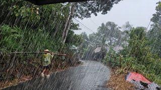 Heavy rain and thunder hits village life, walking in heavy rain, rain and thunder sound for sleeping