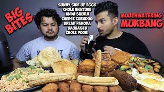 MUKBANG WITH ELDER BROTHER CHOLE POORI, HASHBROWN, ANDA BHURJI, BREAD PAKODA, CHEESE SANDWICH, EGGS