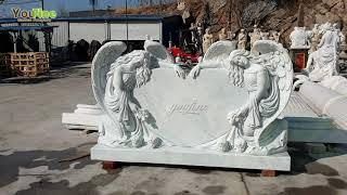 Hand Carved White Marble Heart Headstone Monument Carving with Two Beautiful Angel Sculptures