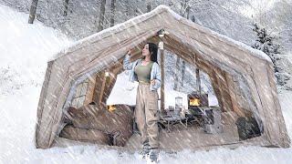 HEAVY SNOW CAMPING AN INFLATABLE TENT ️ CAMPING ASMR . HOT TENT