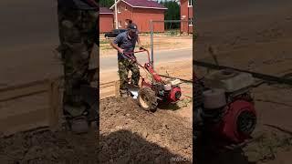 plowing the land with a mini tractor