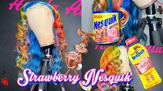 Strawberry nesquik inspired wig| rainbow colored wig 