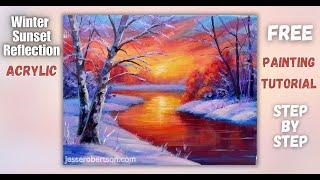 Free ACRYLIC Painting Tutorial | Winter Sunset Reflection