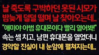 실화사연-날 죽도록 구박하던 못된 시모가 밤늦게 덜덜 떨며 찾아오는데 “애미야 아범 휴대폰이다 빨리 열어봐!” 속는셈 치고 휴대폰을 열었더니 경악할 진실이 내 눈앞에 펼쳐지는데..