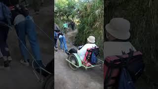 Overweight guy being carried up a volcano