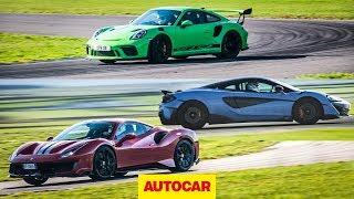 Ferrari 488 Pista vs McLaren 600LT vs Porsche 911 GT3 RS | 0-100mph-0 and lap times | Autocar