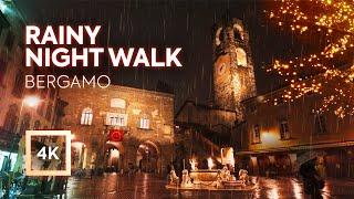 Rainy Night Walk in Bergamo (Città Alta), Italy, Relaxing Binaural Rain ambience Sounds - Christmas