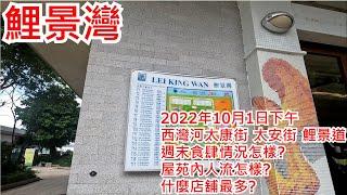 鯉景灣 2022年10月1日 西灣河太康街 太安街 鯉景道 週末食肆情況怎樣? 屋苑內人流怎樣? 什麼店舖最多? Lei King Wan Hong Kong Street View@步行街景