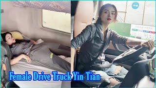 Beautiful female truck driver Yin Tian transports wooden bars to Zhongshan