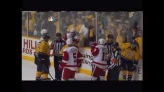 Shea Weber slams Henrik Zetterberg's head into the boards after Game 1