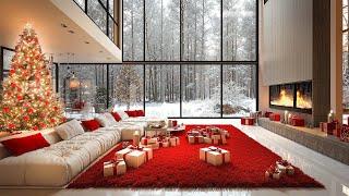 Relaxing Jazz Music in Winter Day  Snow on Window of Cozy Living Room by Forest with Warm Fireplace