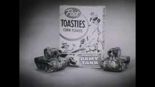 VINTAGE LATE 1950s POST TOASTIES WITH PLASTIC ARMY TANK PROMOTIONAL TOY