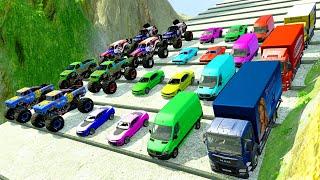 Monster Truck & Truck & Small Cars vs Trap Colors High Speed vs Speed Bumps - HT Beamng Drive