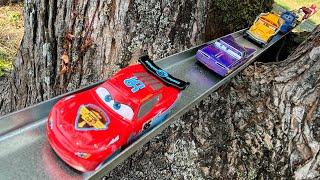 Disney Cars (Tomica)  Handmade bumpy course and transparent tube in the great outdoors