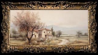 Italian Villa with Flowering Pink Cherry Tree, Vintage Impressionist Oil Painting | Framed TV Art