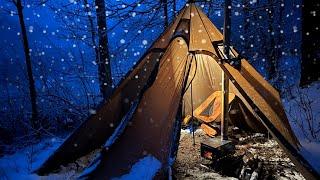 Hot Tent Camping in a SNOW STORM next to a Lake