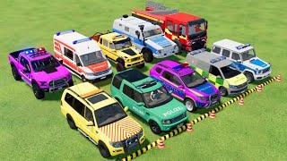 TRANSPORTING POLICE CARS, AMBULANCE, FIRE TRUCK, COLORFUL CARS WITH TRUCK  -FARMING SIMULATOR 22!