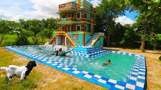 Amazing Design! Building Creative 4-Story Mud Villa House And Design Swimming Pool By Ancient Skills