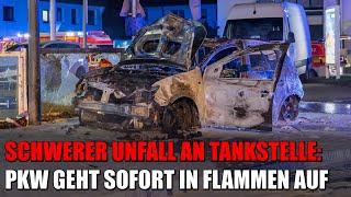 Schwerer Unfall an Tankstelle in Leverkusen: PKW geht sofort in Flammen auf | 27.12.2024