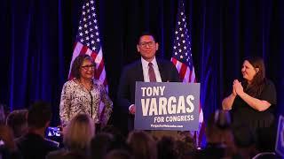 State Sen. Tony Vargas speaks to supporters at election night watch party