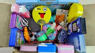 box full of stationery collection, pencil box collection, pen, toy, sharpener, eraser, pencil, lamp