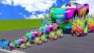 Big & Small Rainbow RGB Lightning McQueen Spiked Wheels Monster Truck vs Thomas Train | BeamNG.drive