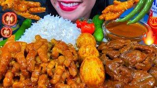 ASMR SPICY CHICKEN FEET CURRY, CHICKEN LIVER & GIZZARD CURRY, EGG CURRY, RICE MASSIVE Eating Sounds