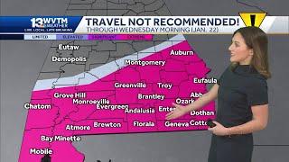 Dangerously cold in Alabama again Wednesday. Snow and ice threaten travel to the south.