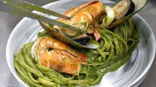 homemade pesto pasta with seafood - Thai Street Food