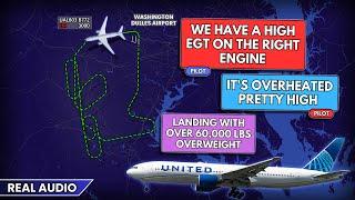 Right engine issue. Over 60,000 lbs overweight landing. United Boeing 777 returns to IAD. Real ATC